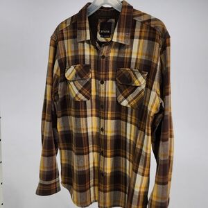 Prana Men's Plaid Shirt in Brown and Yellow